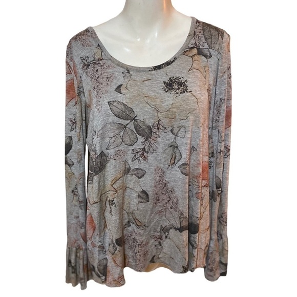 CHASER Gray Floral Bell Sleeve Long Sleeve Top Size Small CW147 - Picture 1 of 8